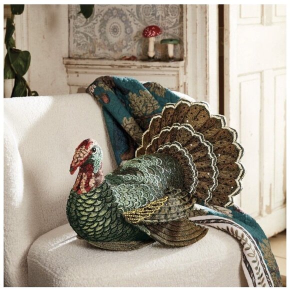 John Derian 2024 Turkey Pillow Beaded Embellished 16"x15" Plush - Picture 6 of 7